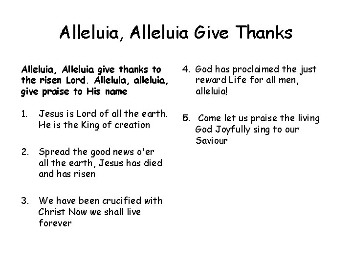 Alleluia, Alleluia Give Thanks Alleluia, Alleluia give thanks to the risen Lord. Alleluia, alleluia,