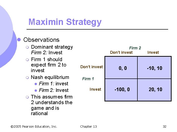 Maximin Strategy l Observations m m Dominant strategy Firm 2: Invest Firm 1 should