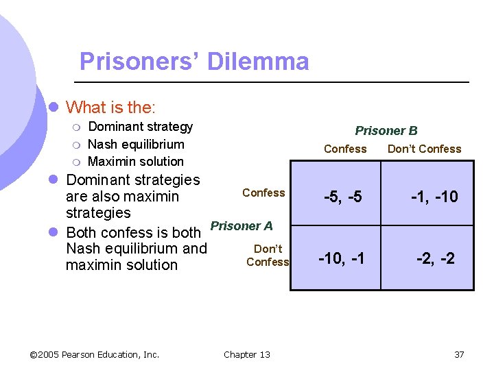 Prisoners’ Dilemma l What is the: m m m Dominant strategy Nash equilibrium Maximin
