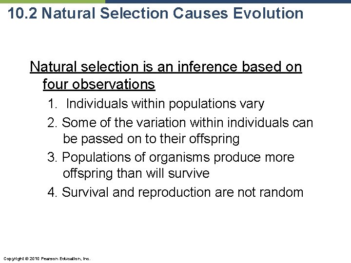 10. 2 Natural Selection Causes Evolution Natural selection is an inference based on four