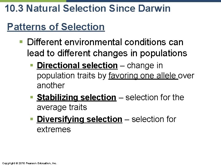 10. 3 Natural Selection Since Darwin Patterns of Selection § Different environmental conditions can