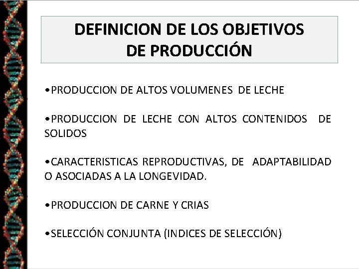 DEFINICION DE LOS OBJETIVOS DE PRODUCCIÓN • PRODUCCION DE ALTOS VOLUMENES DE LECHE •