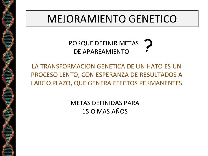 MEJORAMIENTO GENETICO PORQUE DEFINIR METAS DE APAREAMIENTO ? LA TRANSFORMACION GENETICA DE UN HATO