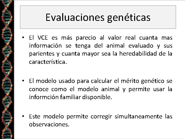 Evaluaciones genéticas • El VCE es más parecio al valor real cuanta mas información