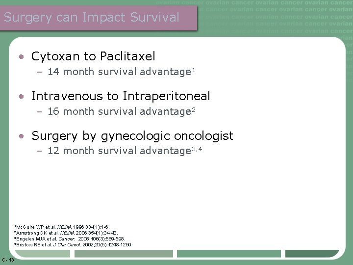 Surgery can Impact Survival • Cytoxan to Paclitaxel – 14 month survival advantage 1