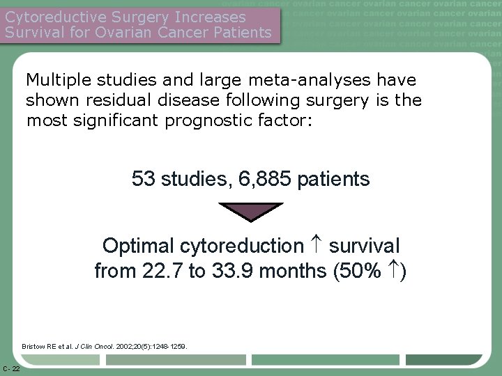 Cytoreductive Surgery Increases Survival for Ovarian Cancer Patients Multiple studies and large meta-analyses have