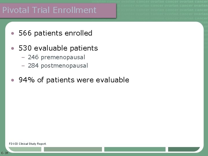 Pivotal Trial Enrollment • 566 patients enrolled • 530 evaluable patients – 246 premenopausal