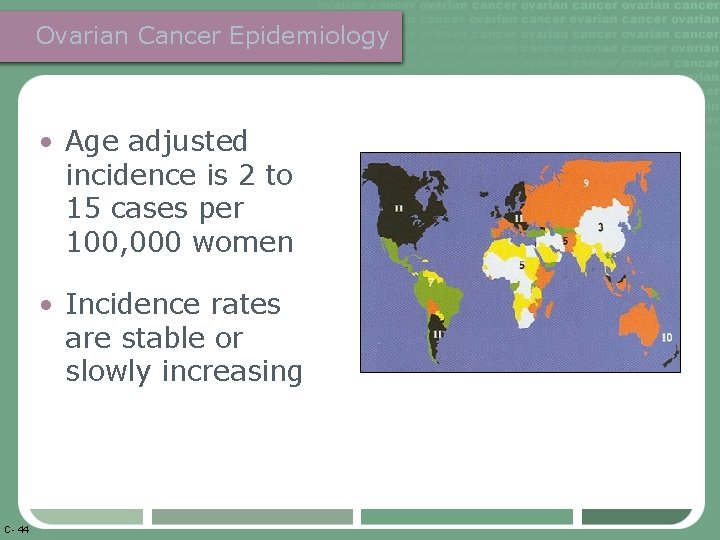 Ovarian Cancer Epidemiology • Age adjusted incidence is 2 to 15 cases per 100,