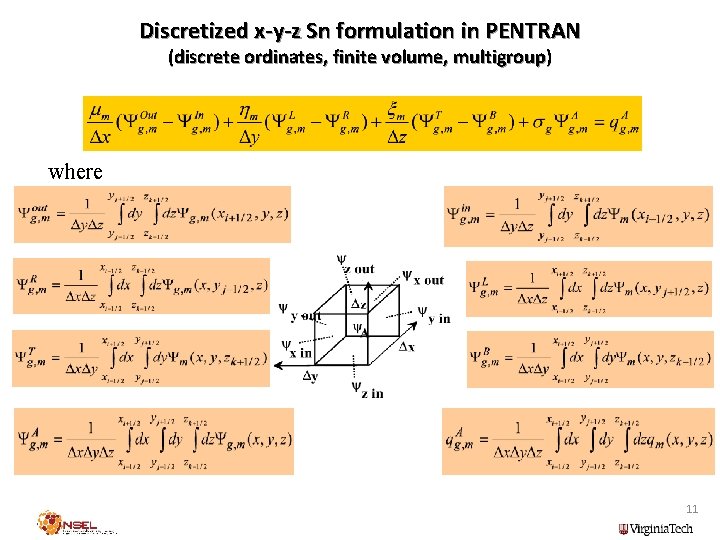 Discretized x-y-z Sn formulation in PENTRAN (discrete ordinates, finite volume, multigroup) where 11 