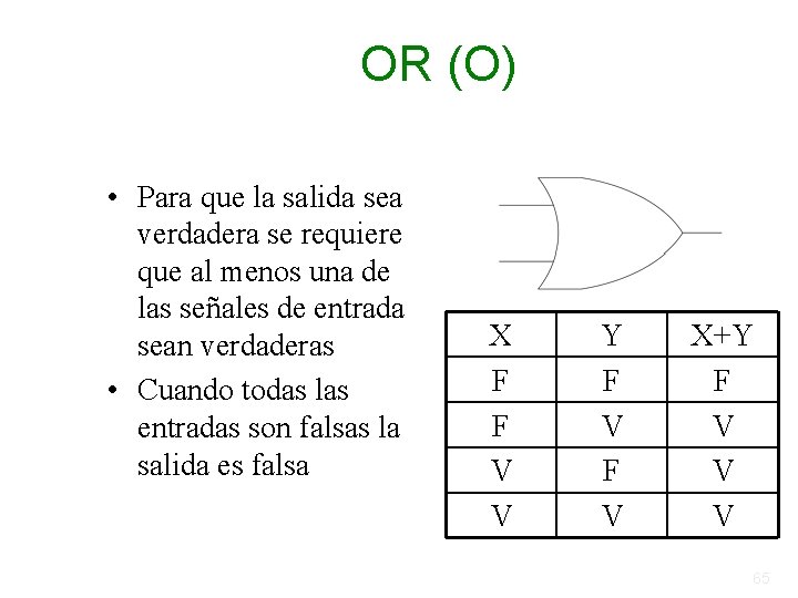 OR (O) • Para que la salida sea verdadera se requiere que al menos OR (O) • Para que la salida sea verdadera se requiere que al menos