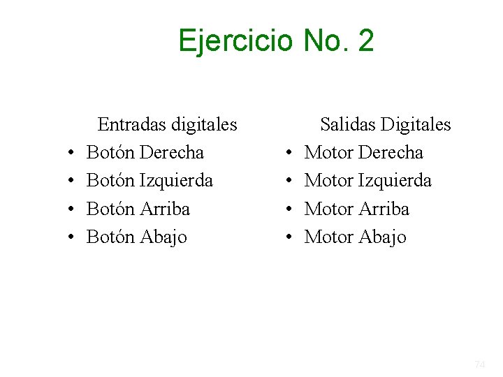 Ejercicio No. 2 • • Entradas digitales Botón Derecha Botón Izquierda Botón Arriba Botón Ejercicio No. 2 • • Entradas digitales Botón Derecha Botón Izquierda Botón Arriba Botón