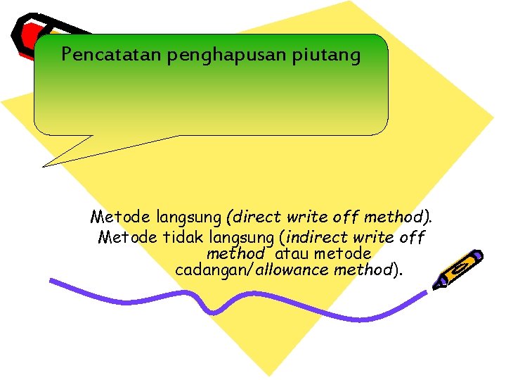 Pencatatan penghapusan piutang Metode langsung (direct write off method). Metode tidak langsung (indirect write