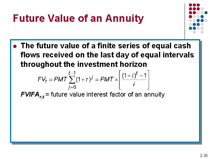 Future Value of an Annuity l The future value of a finite series of