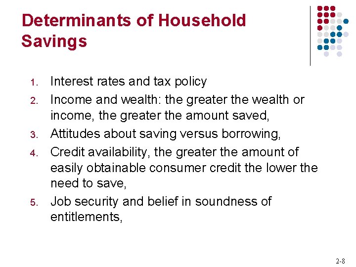 Determinants of Household Savings 1. 2. 3. 4. 5. Interest rates and tax policy