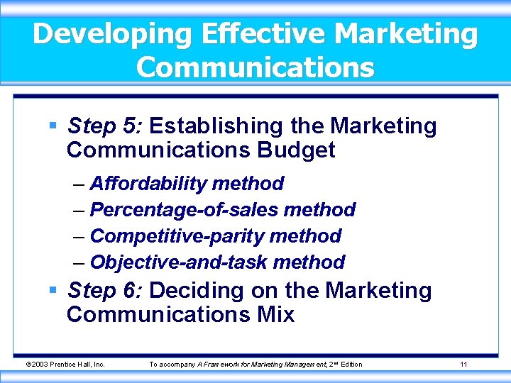 Developing Effective Marketing Communications § Step 5: Establishing the Marketing Communications Budget – Affordability