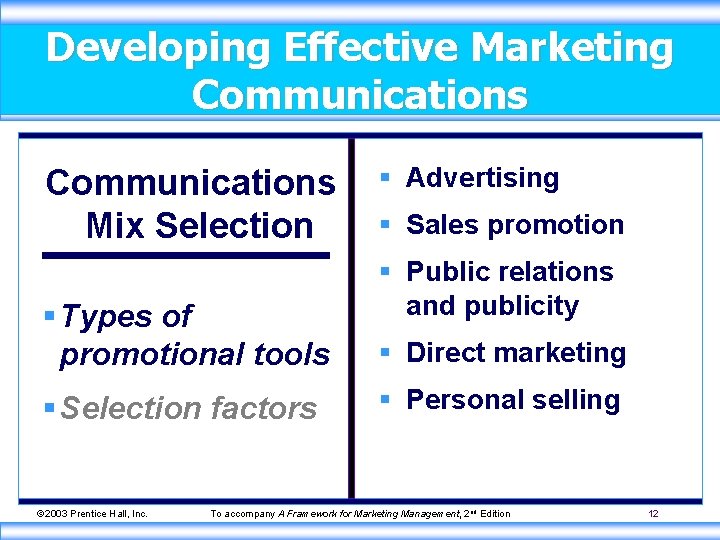 Developing Effective Marketing Communications Mix Selection § Types of promotional tools § Selection factors