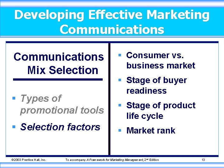 Developing Effective Marketing Communications Mix Selection § Types of promotional tools § Selection factors