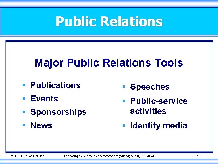 Public Relations Major Public Relations Tools § Publications § Speeches § Events § Sponsorships