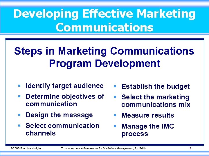 Developing Effective Marketing Communications Steps in Marketing Communications Program Development § Identify target audience