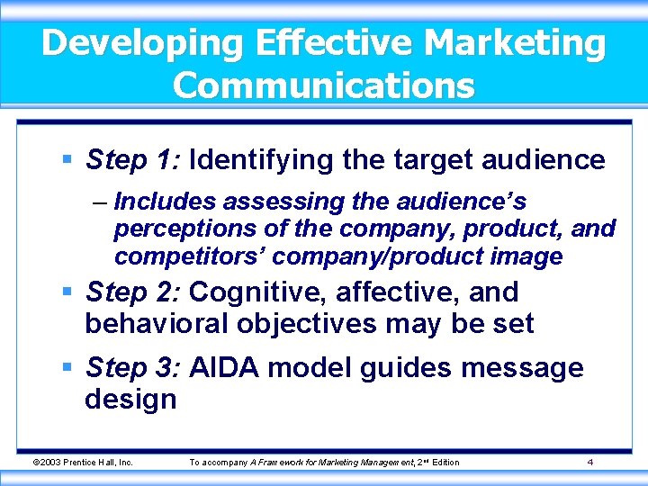 Developing Effective Marketing Communications § Step 1: Identifying the target audience – Includes assessing
