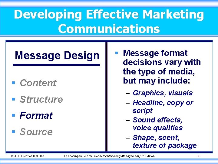 Developing Effective Marketing Communications Message Design § Content § Structure § Format § Source
