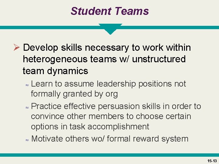 Student Teams Ø Develop skills necessary to work within heterogeneous teams w/ unstructured team