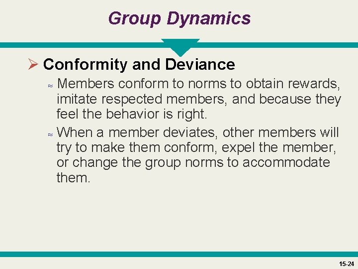 Group Dynamics Ø Conformity and Deviance ≈ Members conform to norms to obtain rewards,