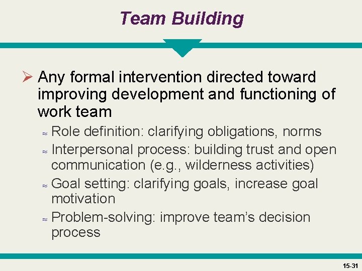 Team Building Ø Any formal intervention directed toward improving development and functioning of work