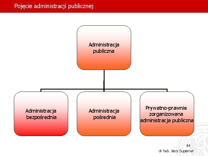 Pojęcie administracji publicznej Administracja publiczna Administracja bezpośrednia Administracja pośrednia Prywatno-prawnie zorganizowana administracja publiczna 44