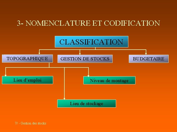 3 - NOMENCLATURE ET CODIFICATION CLASSIFICATION TOPOGRAPHIQUE Lieu d’emploi GESTION DE STOCKS Niveau de