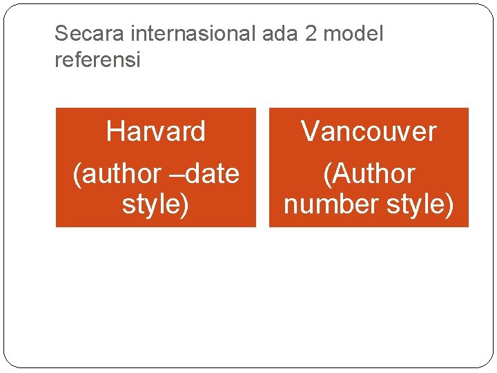 Secara internasional ada 2 model referensi Harvard Vancouver (author –date style) (Author number style)