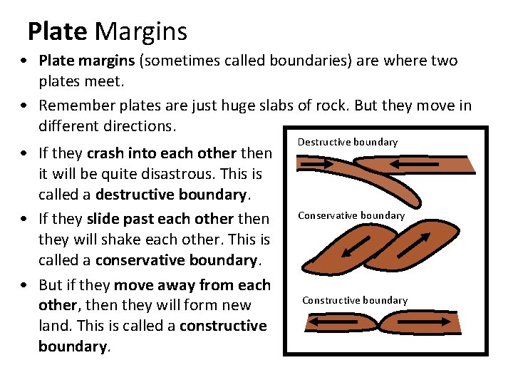 Plate Margins • Plate margins (sometimes called boundaries) are where two plates meet. • Plate Margins • Plate margins (sometimes called boundaries) are where two plates meet. •
