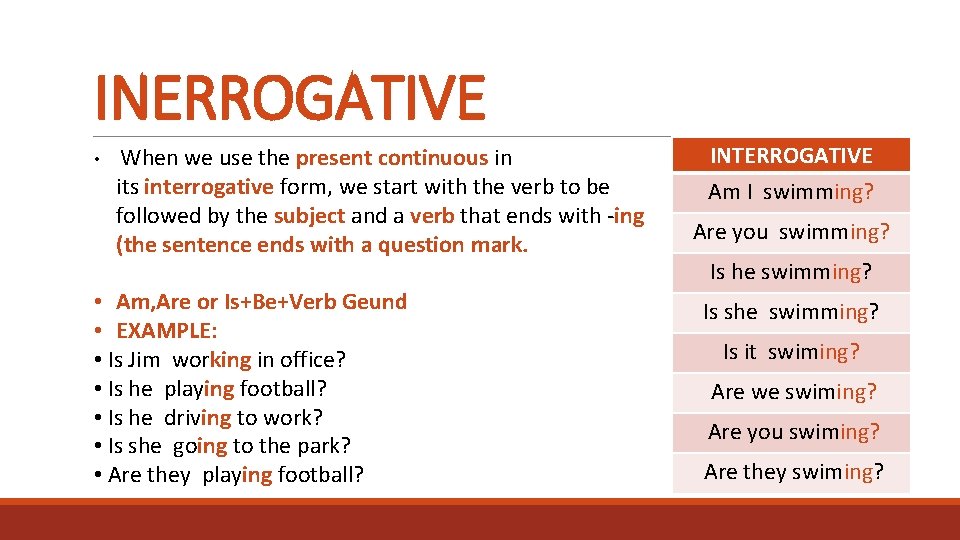 INERROGATIVE • When we use the present continuous in NEGATIVE its interrogative form, we
