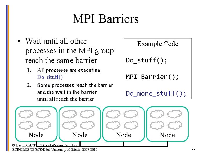 MPI Barriers • Wait until all other processes in the MPI group reach the