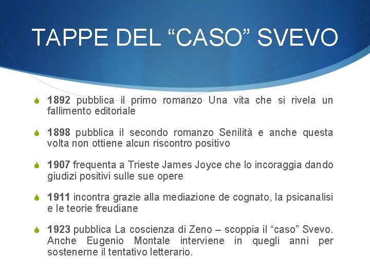 TAPPE DEL “CASO” SVEVO S 1892 pubblica il primo romanzo Una vita che si