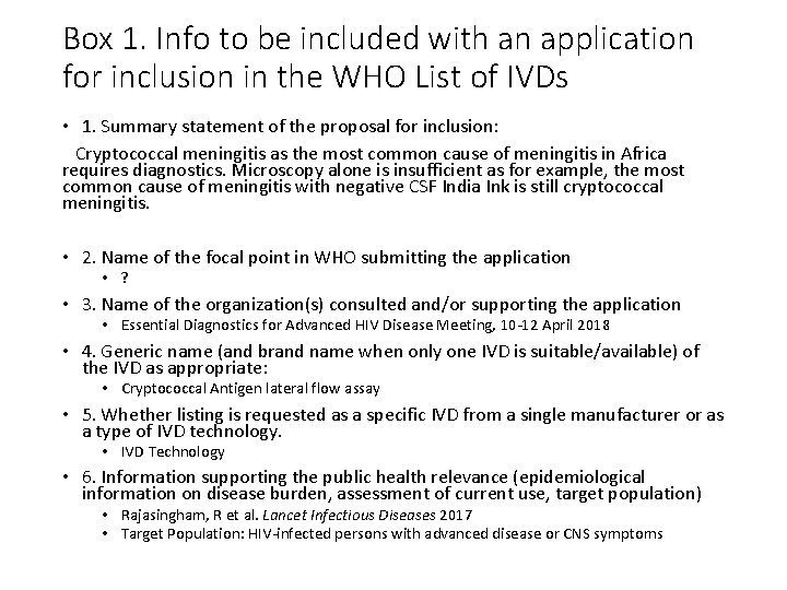 Box 1. Info to be included with an application for inclusion in the WHO