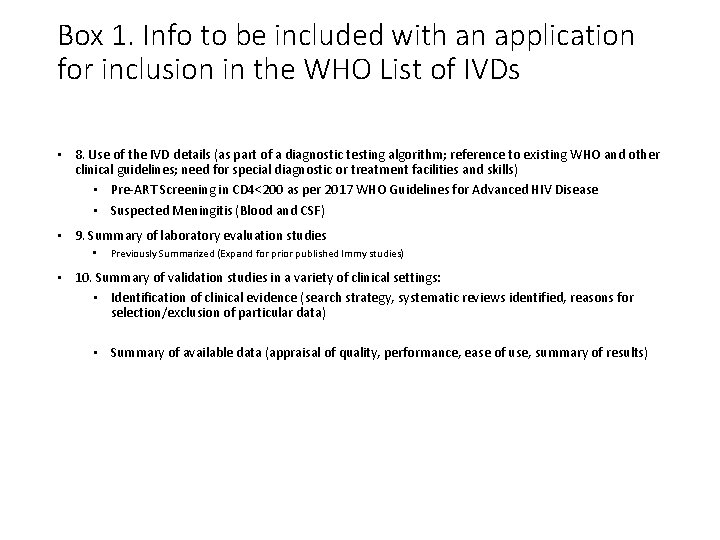 Box 1. Info to be included with an application for inclusion in the WHO