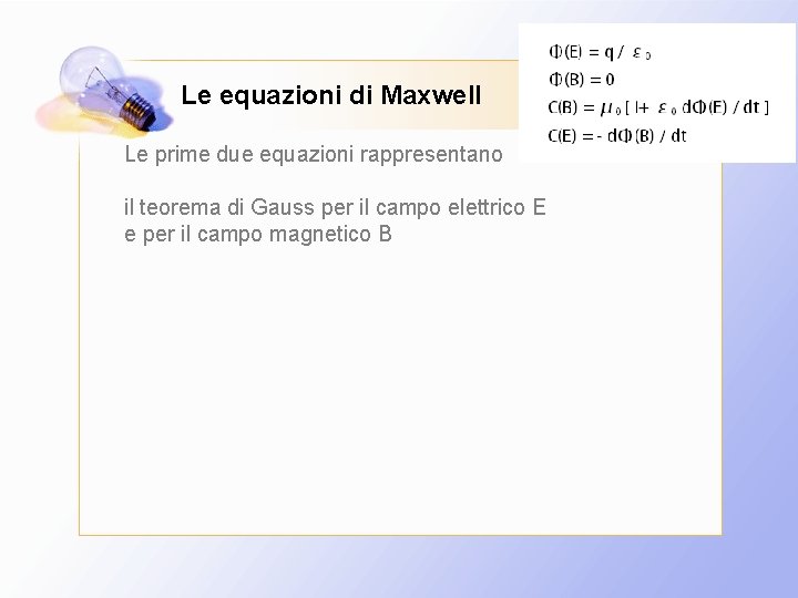 Le equazioni di Maxwell Le prime due equazioni rappresentano il teorema di Gauss per