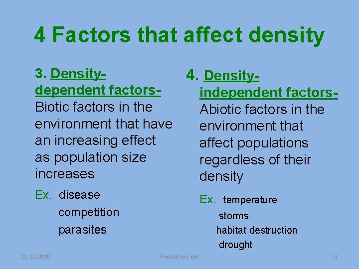 4 Factors that affect density 3. Density 4. Densitydependent factors- independent factors. Biotic factors 4 Factors that affect density 3. Density 4. Densitydependent factors- independent factors. Biotic factors