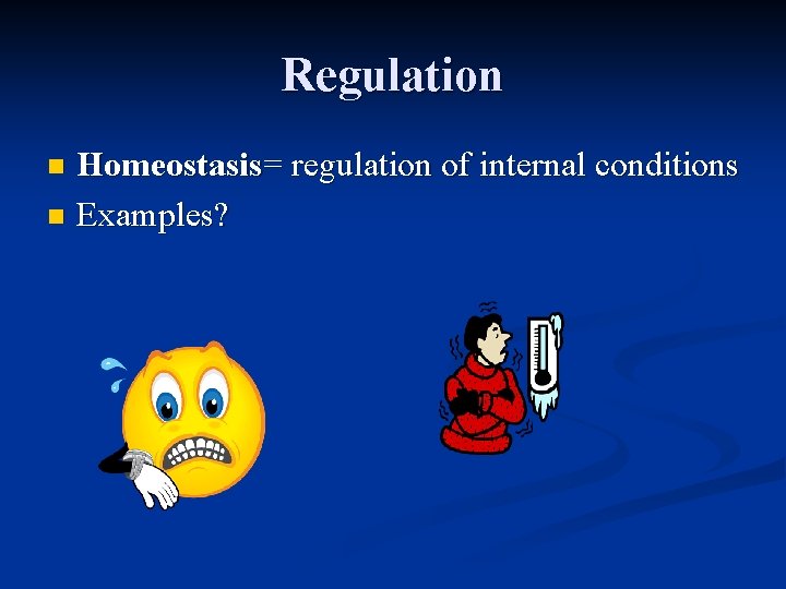 Regulation Homeostasis= regulation of internal conditions n Examples? n 
