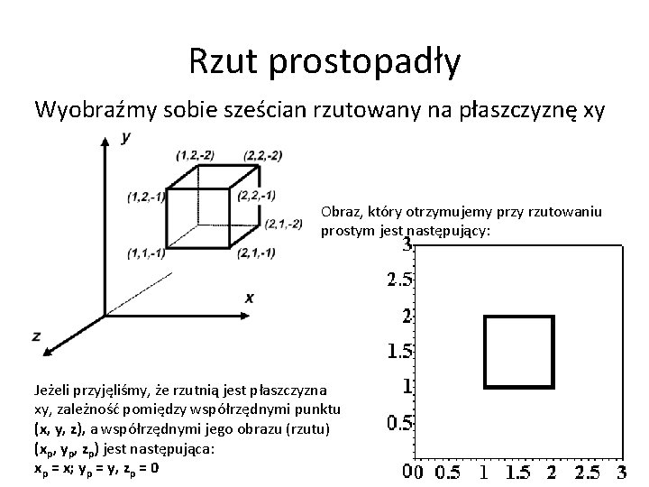 Rzut prostopadły Wyobraźmy sobie sześcian rzutowany na płaszczyznę xy Obraz, który otrzymujemy przy rzutowaniu