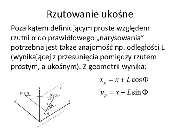 Rzutowanie ukośne Poza kątem definiującym proste względem rzutni α do prawidłowego „narysowania” potrzebna jest