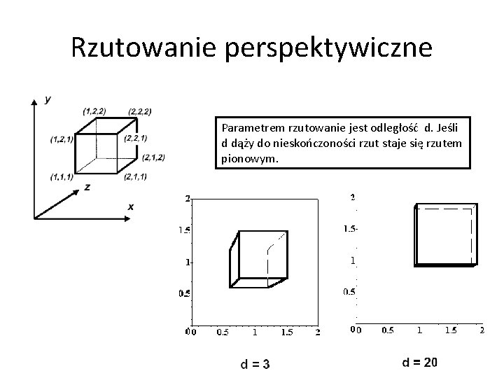 Rzutowanie perspektywiczne Parametrem rzutowanie jest odległość d. Jeśli d dąży do nieskończoności rzut staje