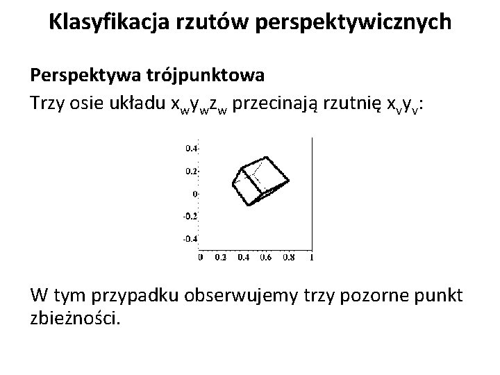 Klasyfikacja rzutów perspektywicznych Perspektywa trójpunktowa Trzy osie układu xwywzw przecinają rzutnię xvyv: W tym Klasyfikacja rzutów perspektywicznych Perspektywa trójpunktowa Trzy osie układu xwywzw przecinają rzutnię xvyv: W tym