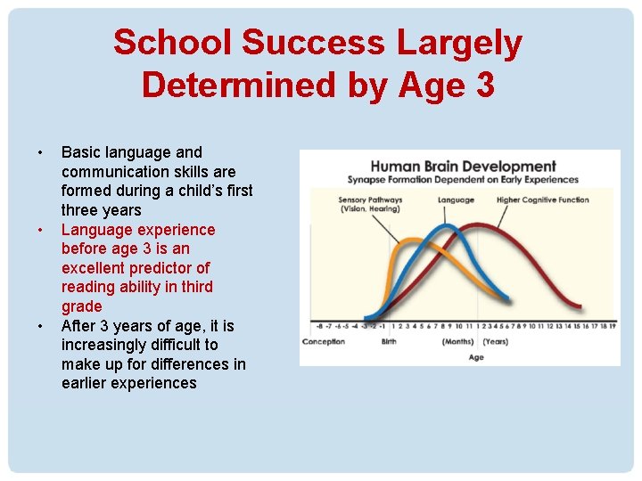 School Success Largely Determined by Age 3 • • • Basic language and communication School Success Largely Determined by Age 3 • • • Basic language and communication