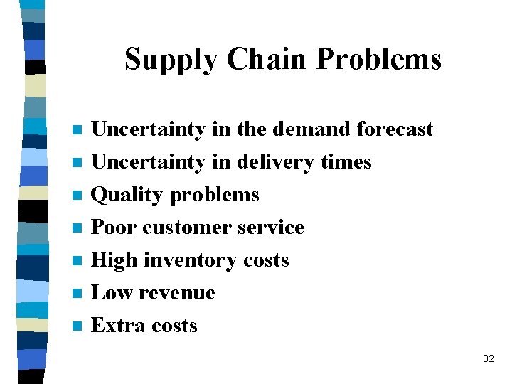 Supply Chain Problems n n n n Uncertainty in the demand forecast Uncertainty in