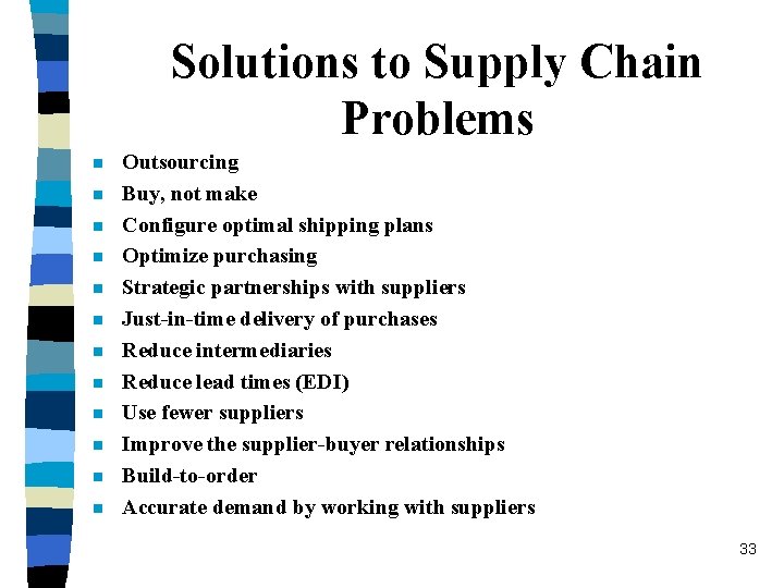 Solutions to Supply Chain Problems n n n Outsourcing Buy, not make Configure optimal