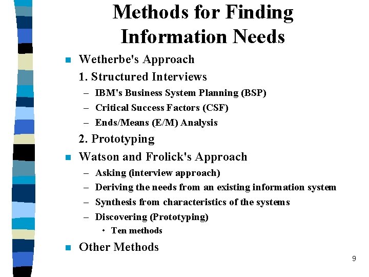 Methods for Finding Information Needs n Wetherbe's Approach 1. Structured Interviews – IBM's Business