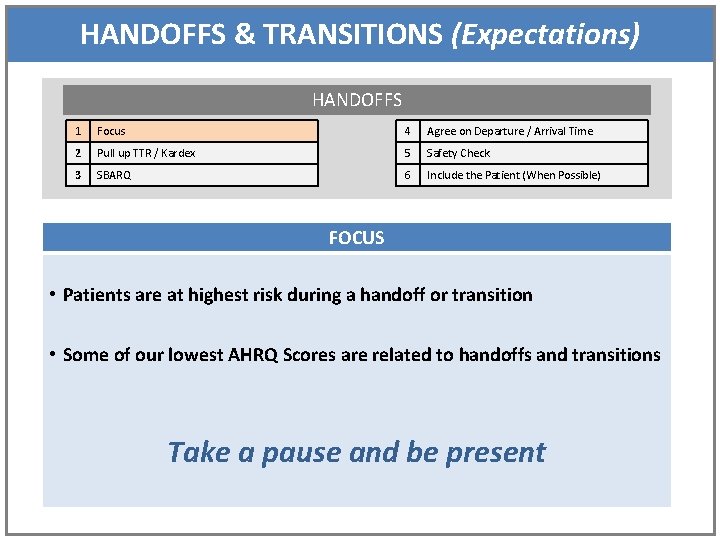 HANDOFFS & TRANSITIONS (Expectations) HANDOFFS 1 Focus 4 Agree on Departure / Arrival Time