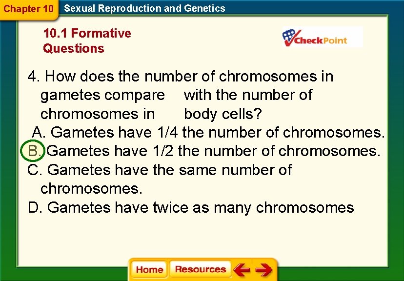 Chapter 10 Sexual Reproduction and Genetics 10. 1 Formative Questions 4. How does the